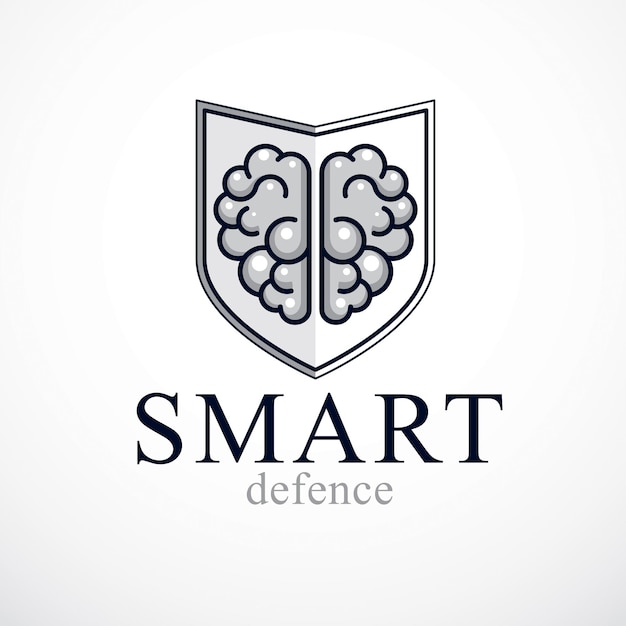 Smart defense, conceito de software antivírus ou firewall inteligente. cérebro anatômico humano composto com escudo de munição de guarda. modelo de logotipo ou ícone de vetor.