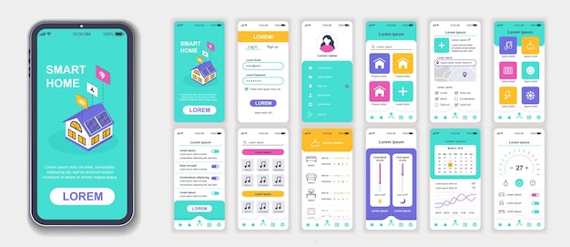 Smart home mobile app interface screens template set Account login automation management appliance monitoring security system Pack of UI UX GUI kit for application web layout Vector design