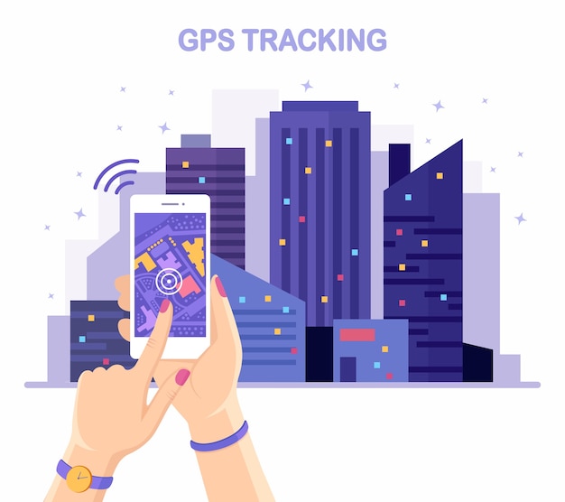 Smartphone com aplicativo de navegação gps, rastreamento na mão. paisagem noturna da cidade, paisagem urbana com construção