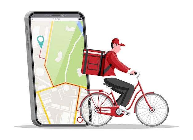 Smartphone com aplicativo e homem andando de bicicleta com a caixa conceito de entrega rápida na cidade correio masculino com caixa de encomendas nas costas com mercadorias e produtos ilustração em vetor plana dos desenhos animados