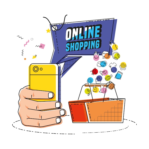 Smartphone com compras on-line ícones estilo pop art