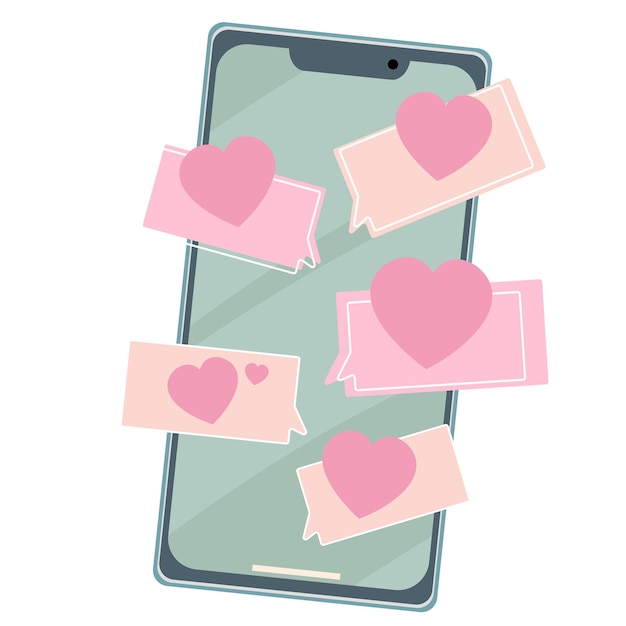 Vetor smartphone com correspondência sms e corações rosa o conceito de mensagens de amor