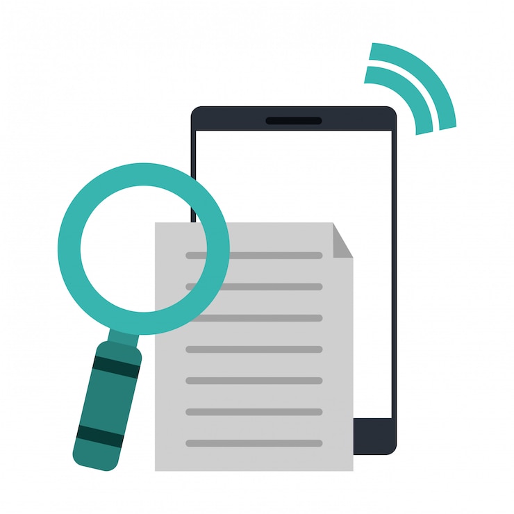 Vetor smartphone com documento e lupa