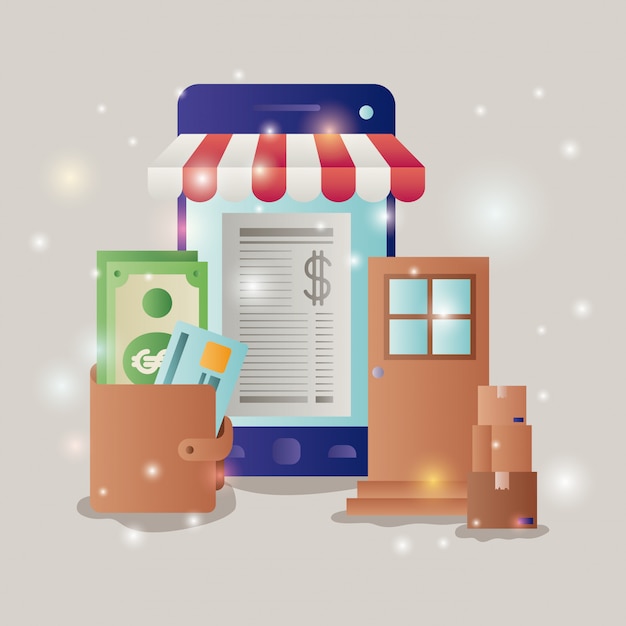 smartphone com ícones de ecommerce parasol