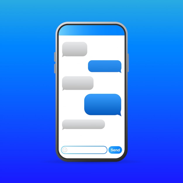 Vetor smartphone com mensagem azul bolhas ícones para bate-papo.