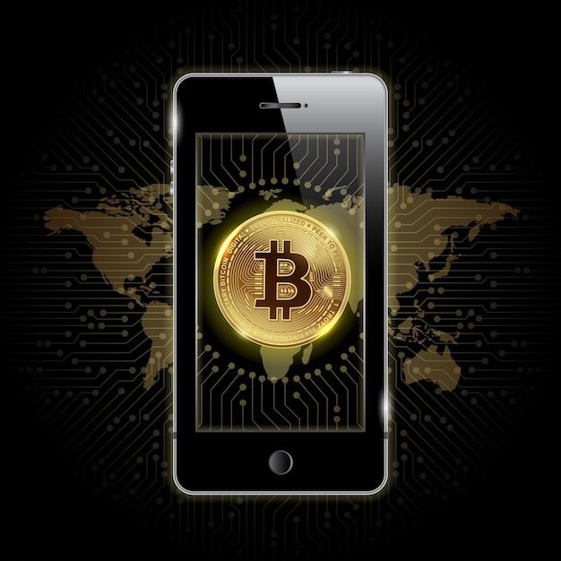 Vetor smartphone com moeda digital de bitcoins dourados e dinheiro digital