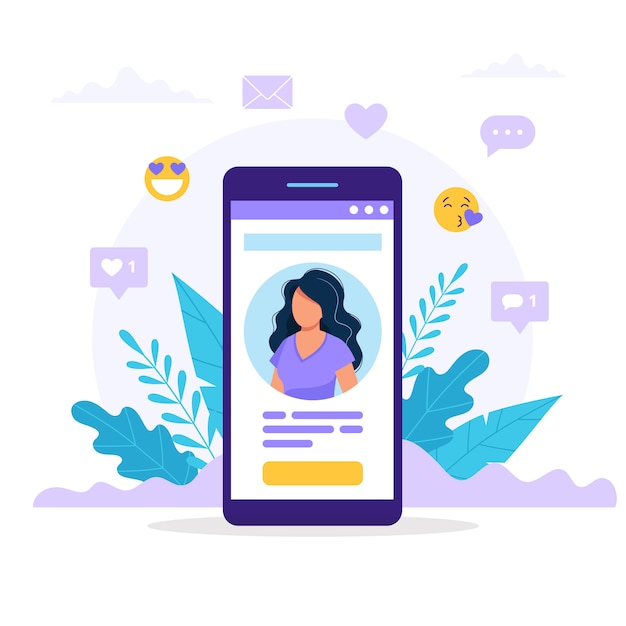 Smartphone com um avatar de mulher, texto e botão. Diferentes ícones com gostos e mensagens.