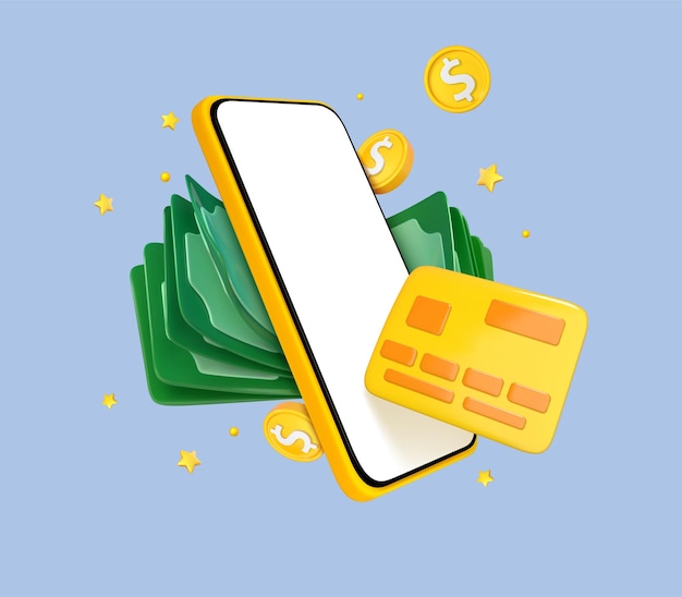 Smartphone de desenho 3D com cartão de crédito e dinheiro Conceito de pagamento online Aplicativo de carteira móvel Aplicativo bancário Transferir dinheiro via smartphone Ilustração 3d vetorial