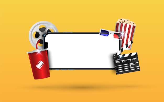 Vetor smartphone em branco com claquete de tira de filme de pipoca em fundo amarelo ilustração de vetor de conceito de filme de streaming on-line