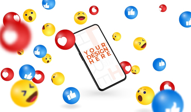 Vetor smartphone moderno, escreva seu design aqui, quadro livre e ilustração emoji de mídia social em queda.