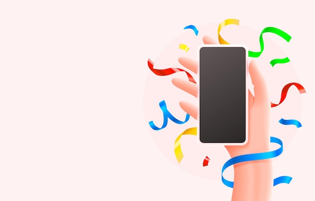 Smartphone na mão cartão com fitas coloridas vetor grátis