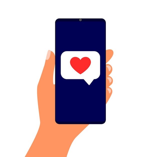 Smartphone na mão com bolha do discurso de coração vermelho. Mensagem na tela como.