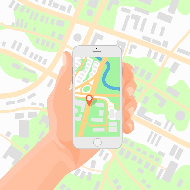 Smartphone na mão com mapa de navegação