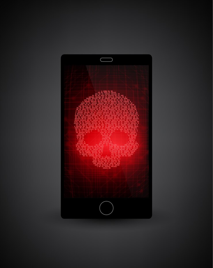 Vetor smartphone quebrado. notificação de malware no smartphone. relatando um vírus, aplicativo malicioso