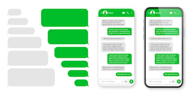 Vetor smartphone realista com aplicativo de mensagens em branco quadro de texto de sms conversa tela de bate-papo com verde