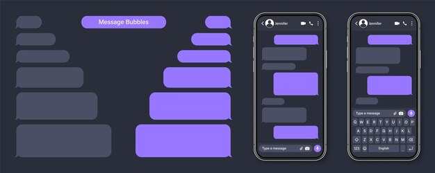 Vetor smartphone realista com aplicativo de mensagens em branco quadro de texto de sms conversa tela de bate-papo com violeta