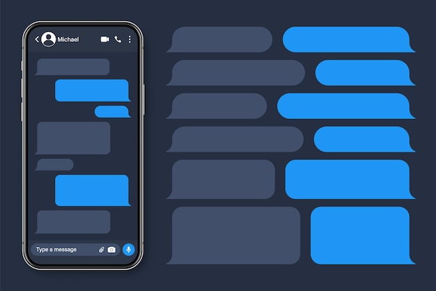 Vetor smartphone realista com aplicativo de mensagens sms em branco quadro de texto conversação tela de bate-papo com azul