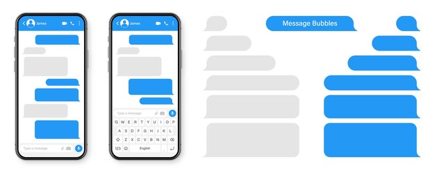 Vetor smartphone realista com aplicativo de mensagens sms em branco quadro de texto conversação tela de bate-papo com azul