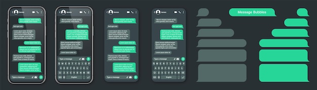 Vetor smartphone realista com aplicativo de mensagens sms quadro de texto conversa tela de bate-papo com mensagem verde