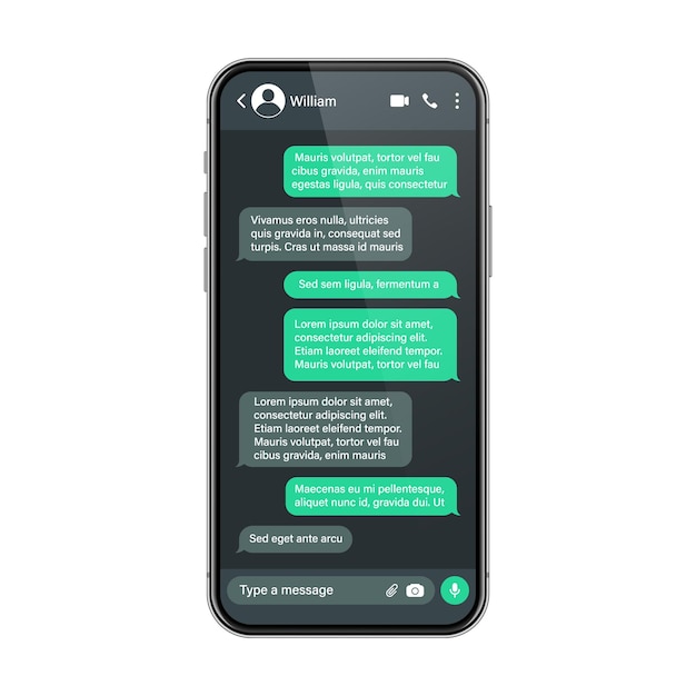 Vetor smartphone realista com aplicativo de mensagens sms quadro de texto conversa tela de bate-papo com mensagem verde