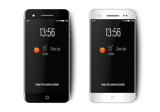 Smartphone realista preto e branco mostra a hora e o tempo na tela de bloqueio, deslize a tela para desbloquear