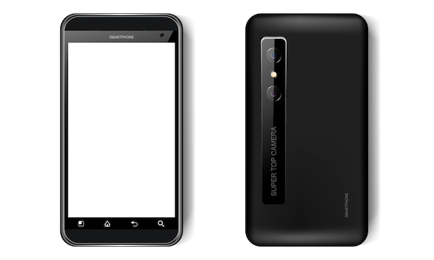 Vetor smartphone realista preto, vista frontal e traseira, maquete de telefone móvel com tela em branco para seu projeto