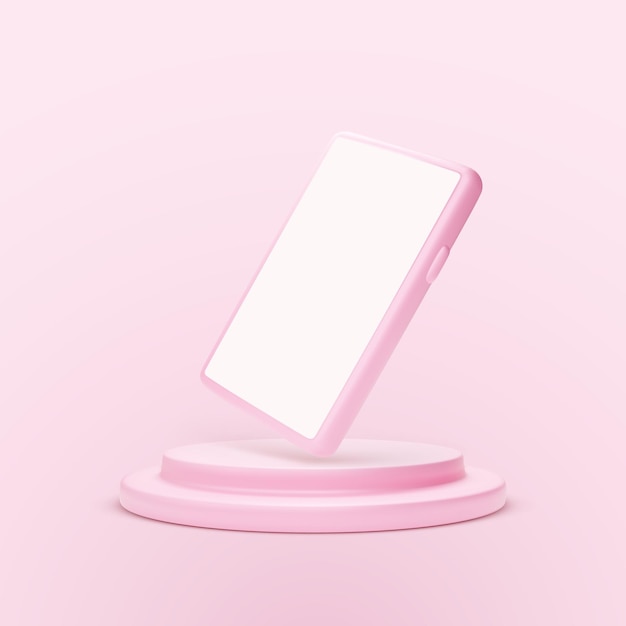 Smartphone rosa na plataforma. modelo de telefone móvel 3d com tela vazia. fundo rosa do estúdio. ilustração vetorial