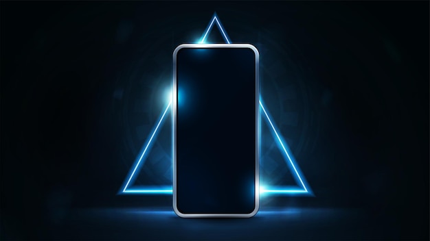 Smartphone simulado em cena escura com borda de triângulo neon holograma azul no fundo