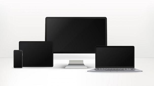 Smartphone, tablet, computador pessoal, laptop isolado no fundo branco. Dispositivos realistas e detalhados