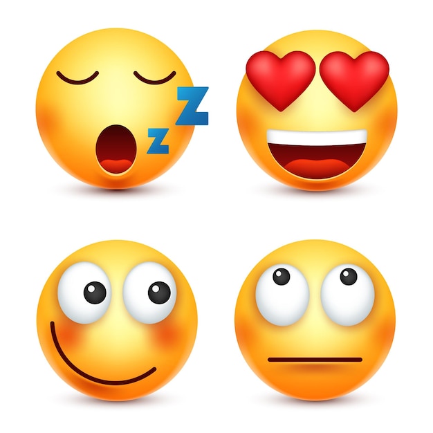 Vetor smiley emoticon conjunto rosto amarelo com emoções humor expressão facial realista emoji triste feliz zangado