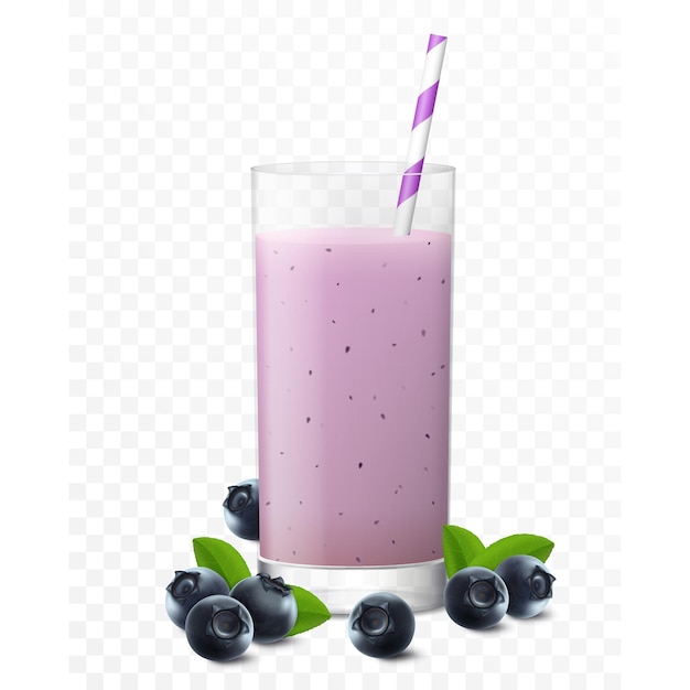 Vetor smoothie de coquetel de suco de mirtilo ou iogurte em vidro com palha isolado em fundo transparente ilustração em vetor 3d realista