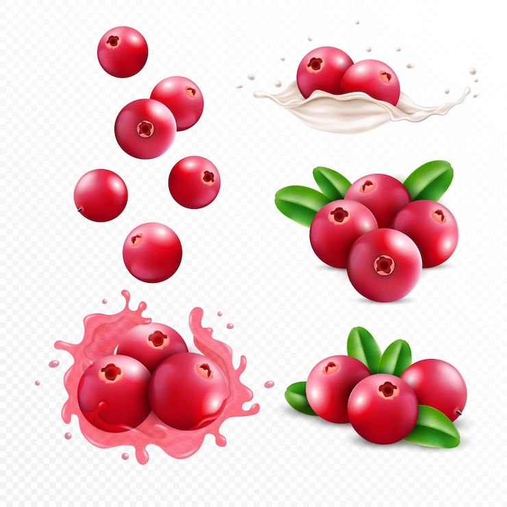 Vetor smoothie de cranberry berry em suco e leite salpico caindo líquido úmido e comida doce 3d natureza frutas com folha onda láctea elementos botânicos vector ilustração realista