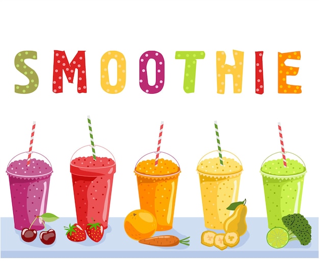 Smoothie frutas e legumes Smoothie de desenhos animados Laranja morango banana e brócolis