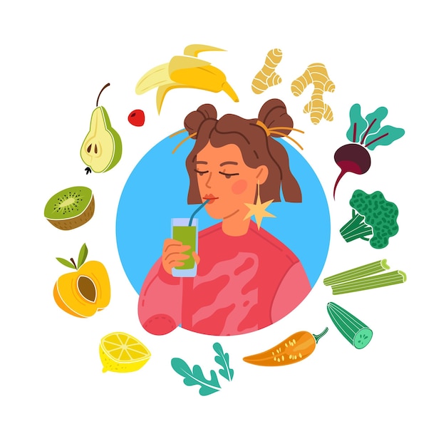 Smoothie girl bebe bebida saudável, mulher segura suco fresco ou coquetel frutas e vegetais frescos quadro dia de desintoxicação ou dieta mente bem-estar estilo de vida vetor desenho animado conceito plano