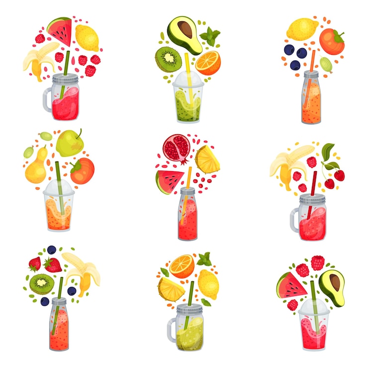 Vetor smoothies frescos em frascos com palha saindo dele e flutuando em torno de ingredientes vector set refrescos brilhantes receitas conceito