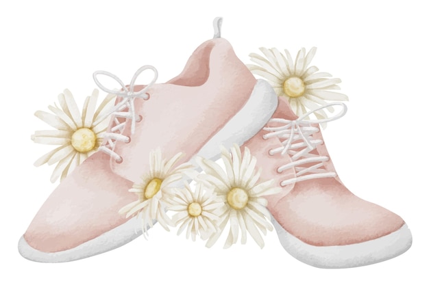 Sneakers esportivos para correr com flores de margarida A aquarela desenhada à mão para correr Sapatos ilustração em fundo isolado Desenho de sapatos de treino rosa com camomilas Esboço de botas de fitness femininas