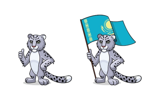 Snow Leopard Irbis com a bandeira do Cazaquistão está mostrando o polegar para cima, símbolo de mascote de caracteres do Cazaquistão Conjunto de leopardos de neve