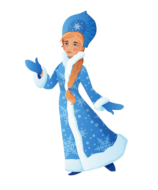 Snow maiden também conhecido como russo snegurochka. linda garota vestindo um casaco longo azul com pele branca.