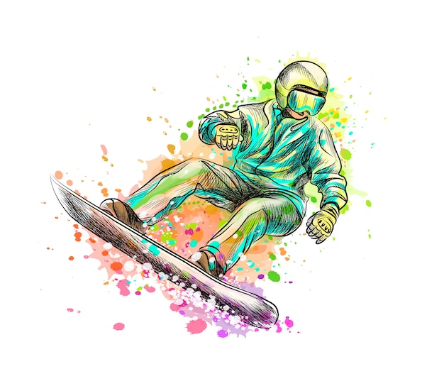 Snowboarder abstrato de um toque de aquarela, esboço desenhado à mão. ilustração de tintas