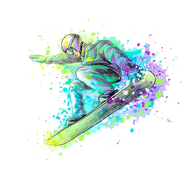 Snowboarder abstrato de um toque de aquarela, esboço desenhado à mão. ilustração de tintas