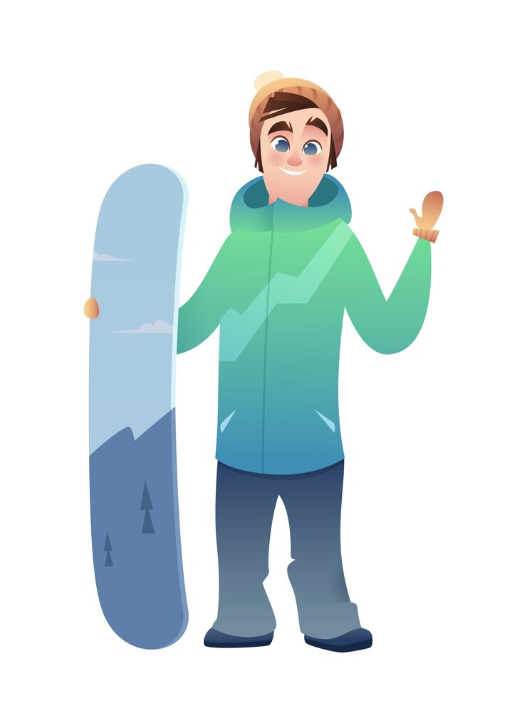 Vetor snowboarder alegre detém uma prancha de snowboard e acenando. homem em um terno de esqui brilhante e um boné com um pommon
