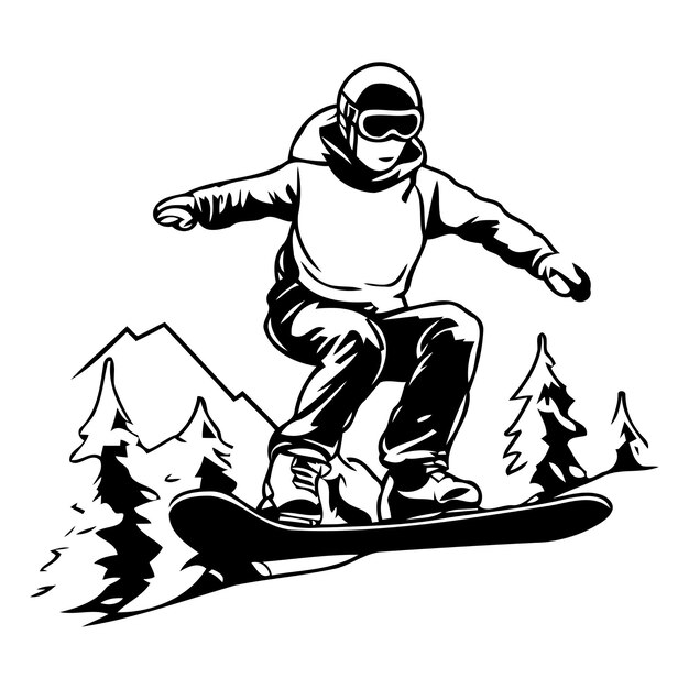 Vetor snowboarder nas montanhas ilustração vetorial em estilo retro