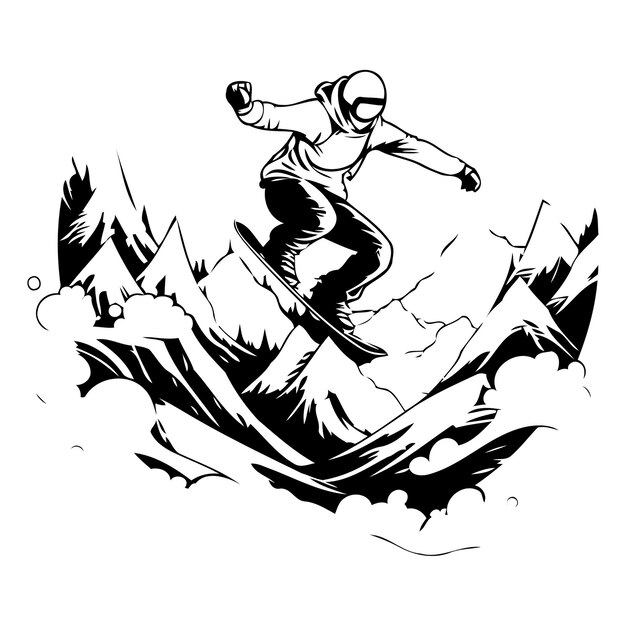 Vetor snowboarder pulando nas montanhas ilustração vetorial em estilo retro