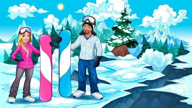 Snowboarders menino e menina na montanha ilustração do vetor