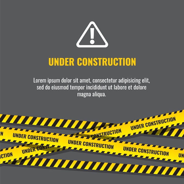 Sob a página do site de construção com ilustração de bordas listradas preto e amarelo
