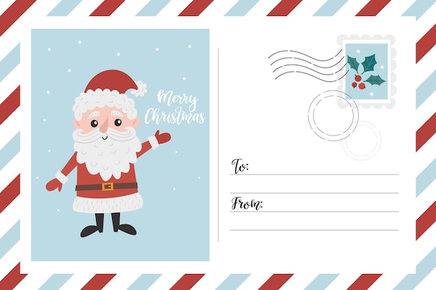 Sobre de Natal com Papai Noel Personagem engraçado lugar para texto e selo de correio Pronto para imprimir