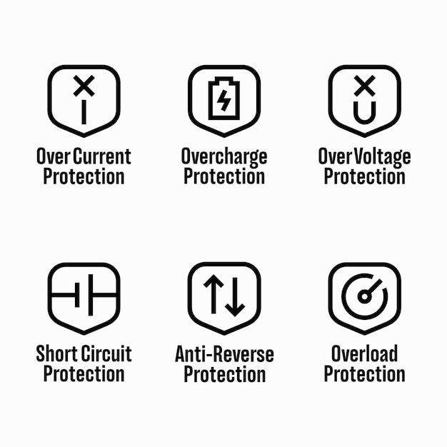Sobrecorrente, sobrecarga, sobretensão, curto-circuito, anti-reverso, sinais de proteção contra sobrecarga