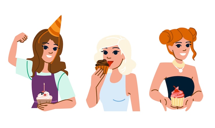Vetor sobremesa cupcake mulher vetor comida jovem fêmea doce pessoa feliz sobremesa cupcake mulher personagem pessoas ilustração plana dos desenhos animados
