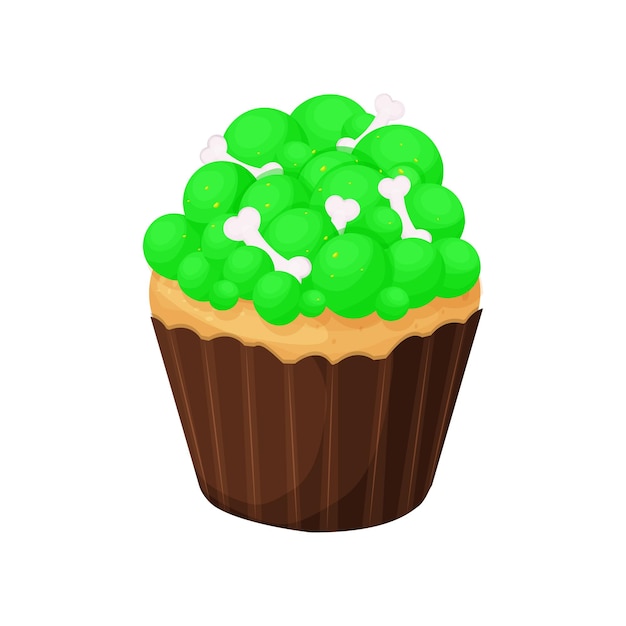 Sobremesa de cupcake de halloween com bolhas verdes e ossos de esqueleto no estilo cartoon