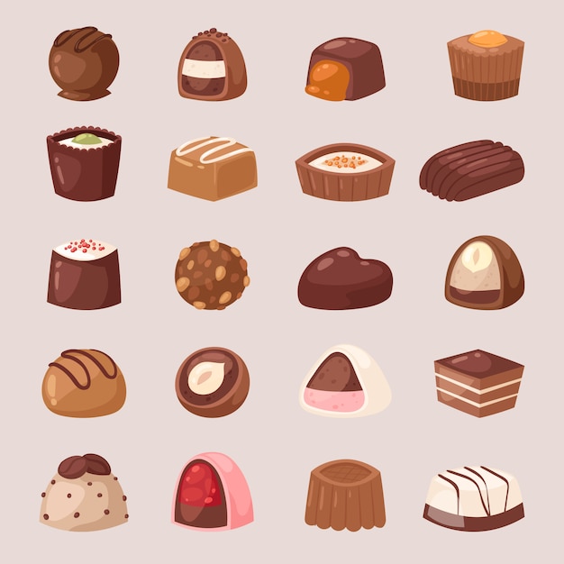 Sobremesa de doce doce chocolate com cacau na ilustração de loja de confeitaria de trufa saborosa de chocolate no conjunto de candyshop isolado no fundo